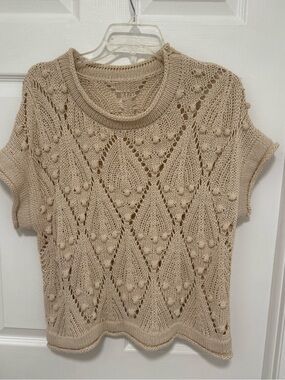 Beige Knit Short-Sleeve Sweater Top